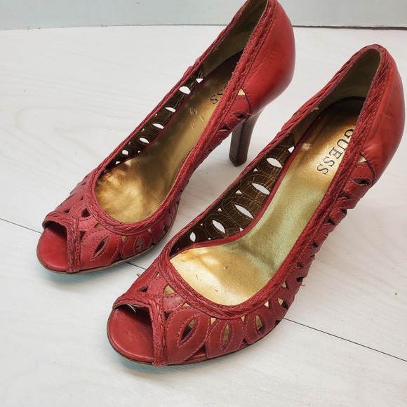 Guess Shoes - Guess Cherry Red Leather Peep Toe‎ Platform Pumps Laser Cut Heels Womens 7.5M